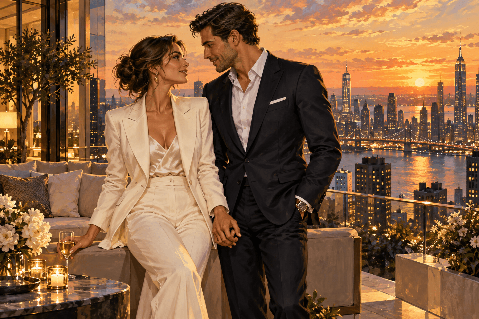 A couple holds hands on a rooftop terrace at sunset above the New York skyline, smiling at each other