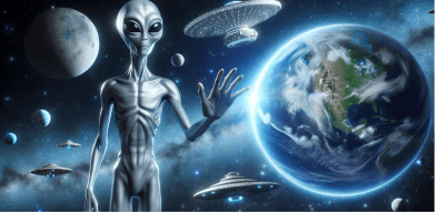 A friendly extraterrestrial waves beside the Earth, with other planets and flying saucers in the background