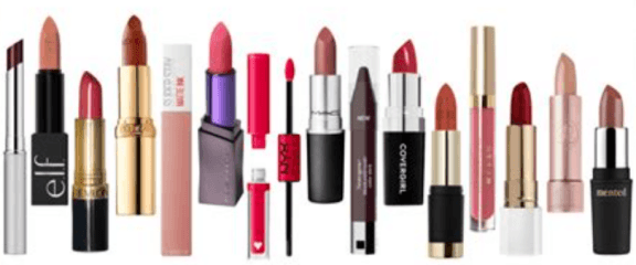 A lineup of lipsticks and lip glosses in many shades from various brands