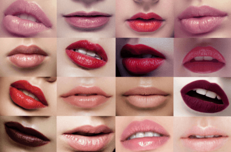 A grid of close-up photos of lips wearing lipstick in a range of shades