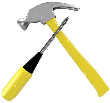 A yellow-handled claw hammer crossed over a screwdriver