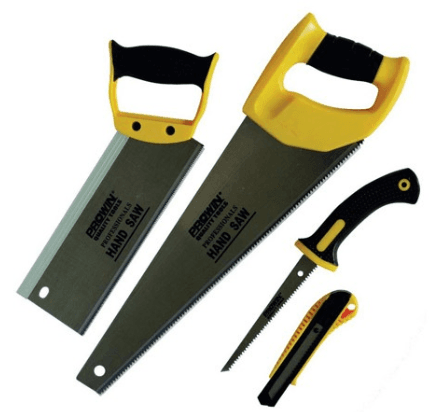 A set of professional hand saws and a utility knife with black-and-yellow handles