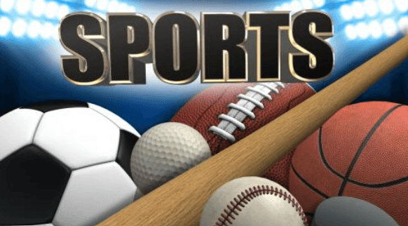 A 'Sports' graphic showing a soccer ball, golf ball, football, baseball, basketball, and a bat under stadium lights