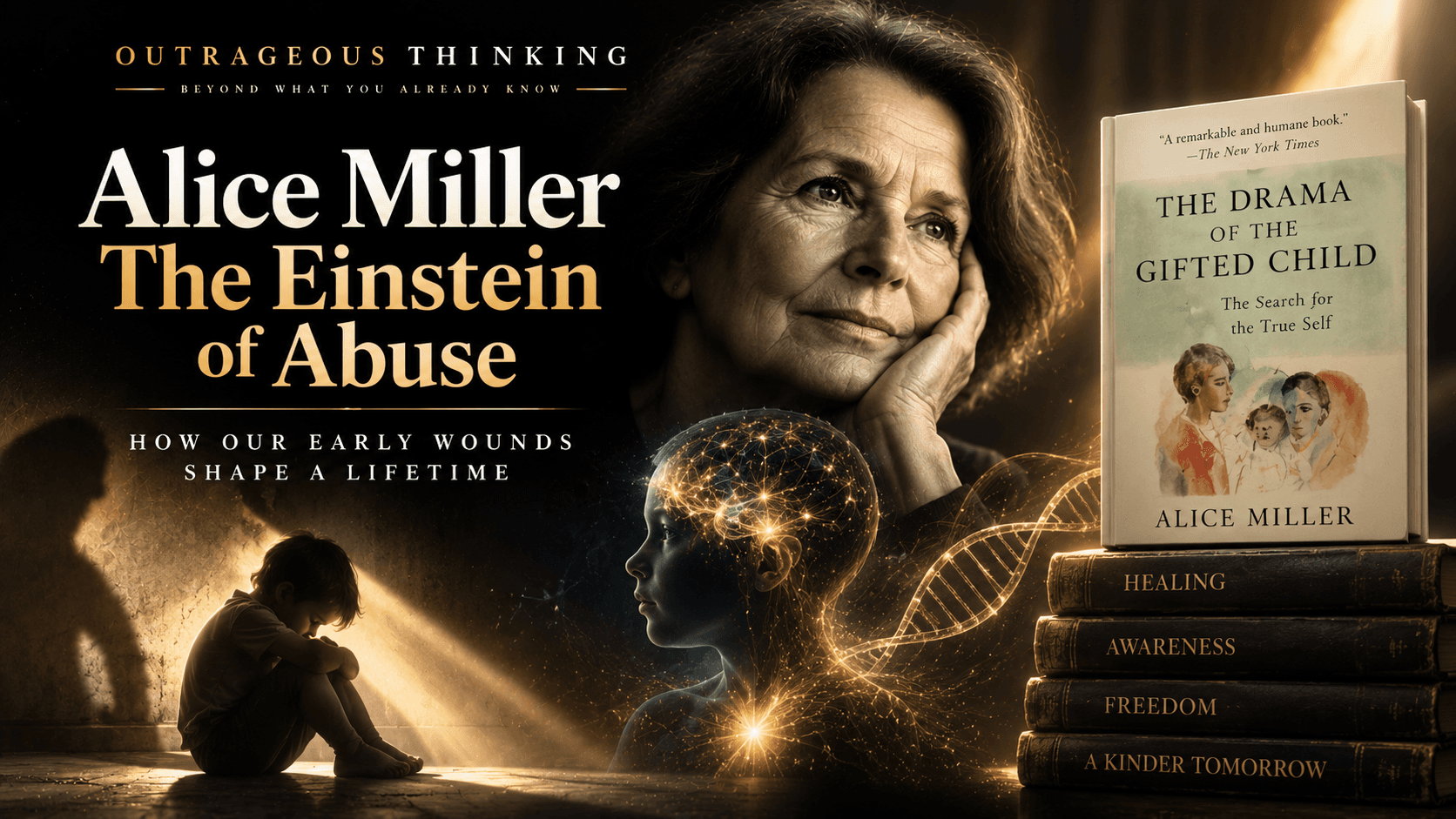 Outrageous Thinking cover for Alice Miller, the Einstein of Abuse: a portrait of Alice Miller beside a child with a luminous mind and the book The Drama of the Gifted Child