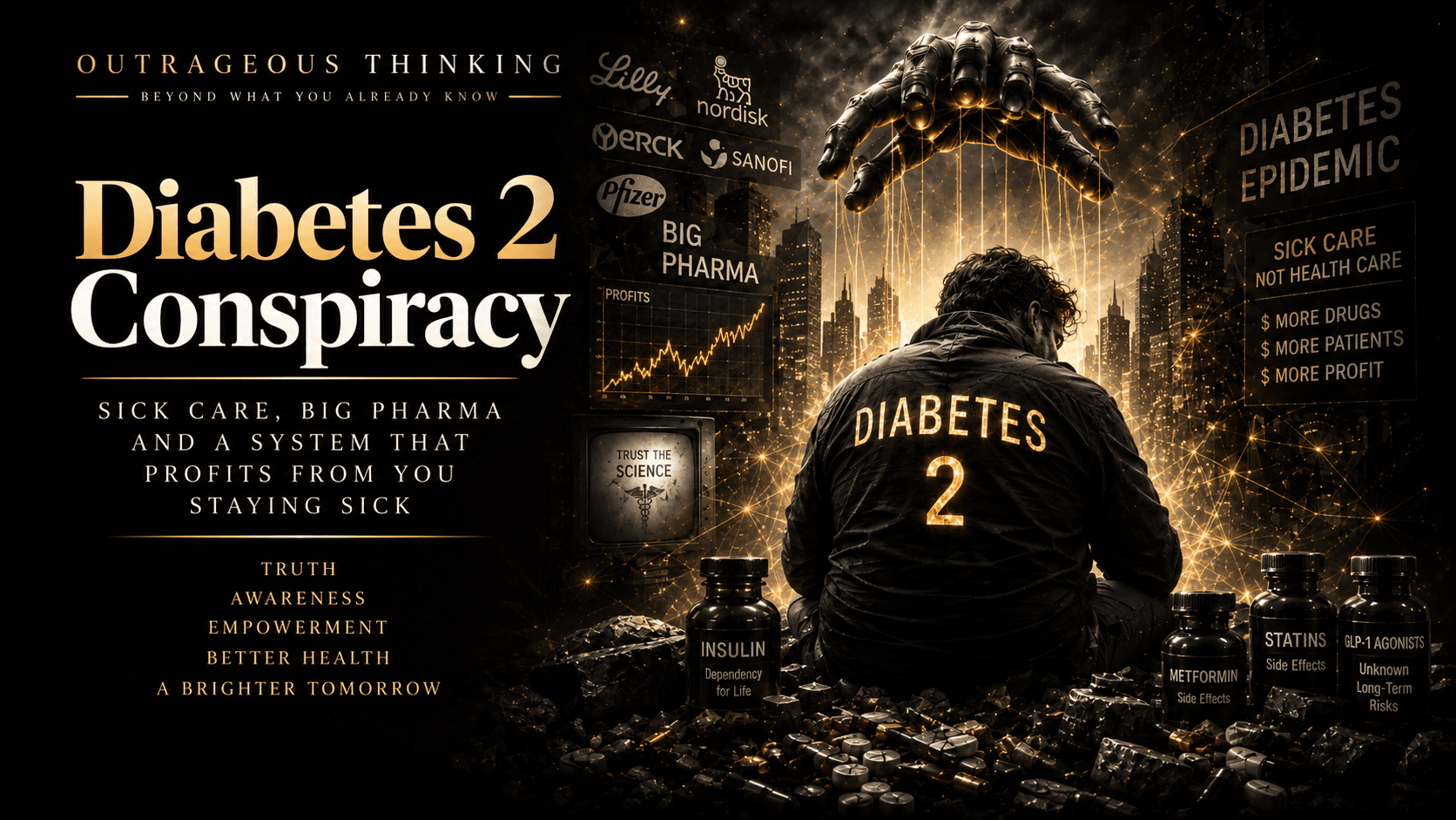 Outrageous Thinking cover for Diabetes 2 Conspiracy: a man in a Diabetes 2 jacket facing a city of Big Pharma logos and pill bottles beneath a puppeteer’s hand