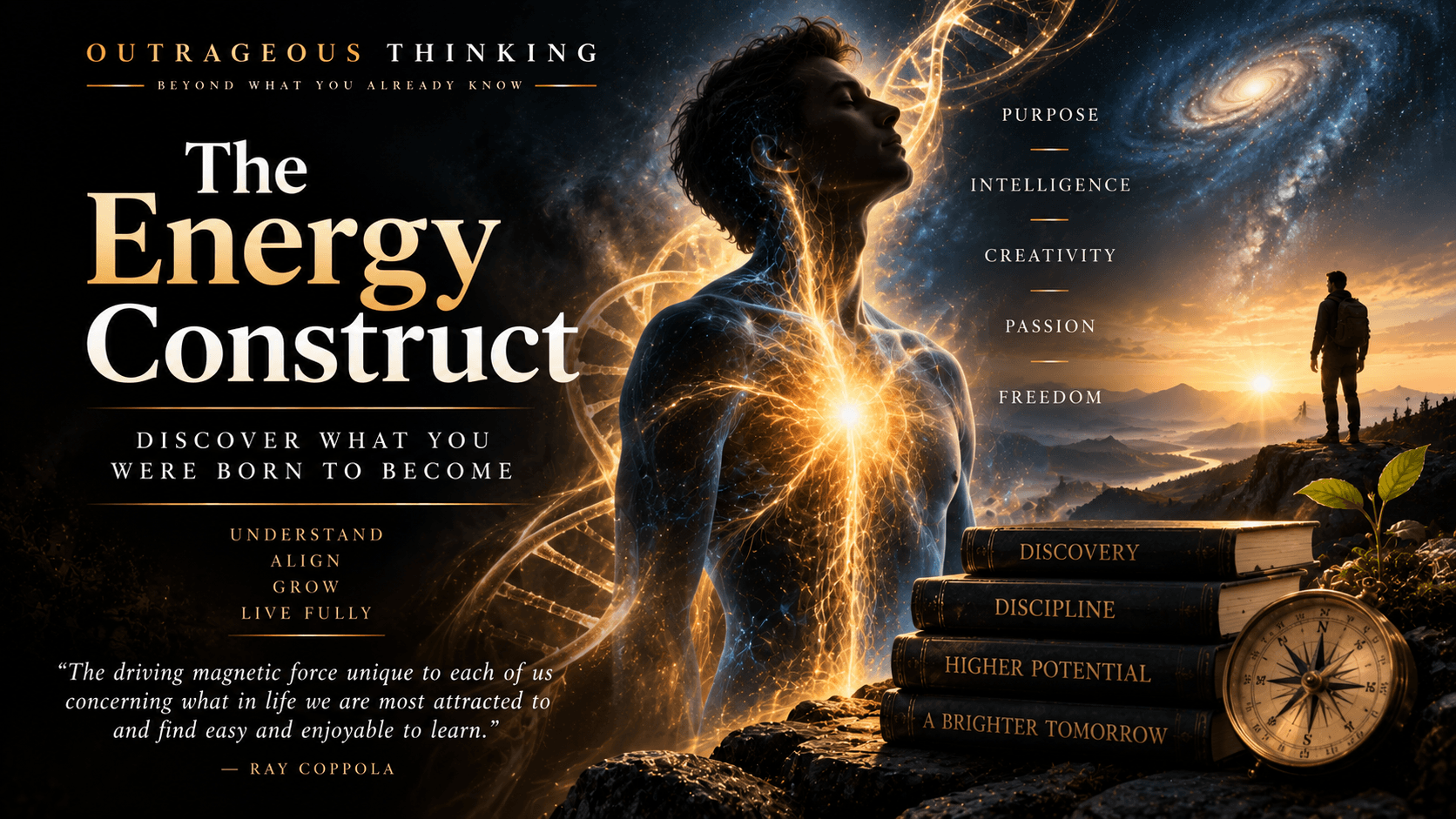 Outrageous Thinking cover for The Energy Construct: a luminous human figure charged with golden energy beneath a spiral galaxy, with a hiker at sunrise and a stack of books