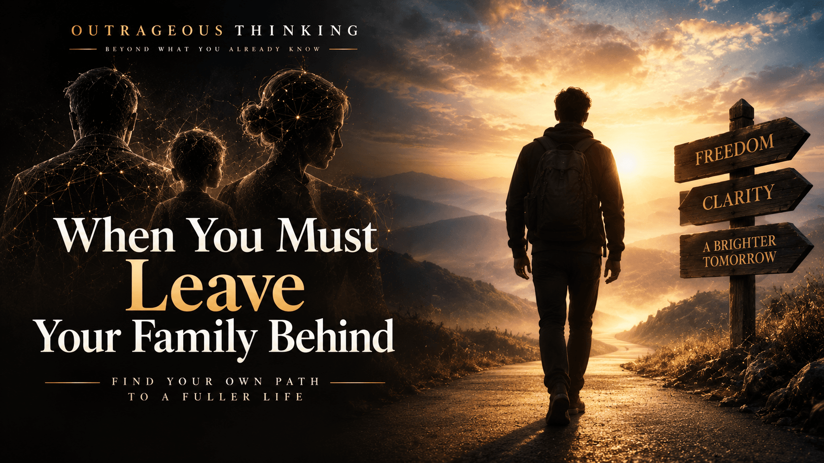 Outrageous Thinking cover for When You Must Leave Your Family Behind: a lone traveler walking a road toward sunrise past a signpost reading Freedom, Clarity, A Brighter Tomorrow