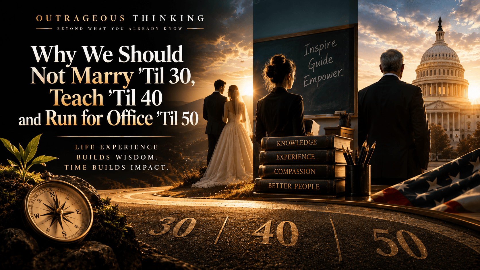 Outrageous Thinking cover for Why We Should Not Marry ’til 30, Teach ’til 40 and Run for Office ’til 50: a wedding couple, a teacher at a chalkboard, and a statesman before the Capitol above the numbers 30, 40, 50