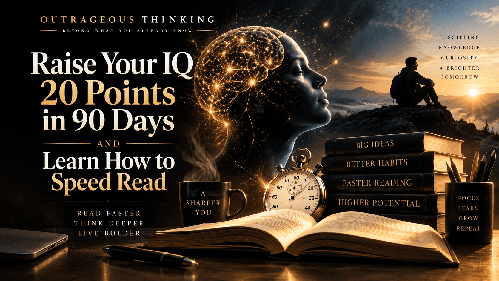 Outrageous Thinking cover for Raise Your IQ 20 Points in 90 Days: a glowing neural brain profile beside a stopwatch, an open book, and a thinker at sunrise