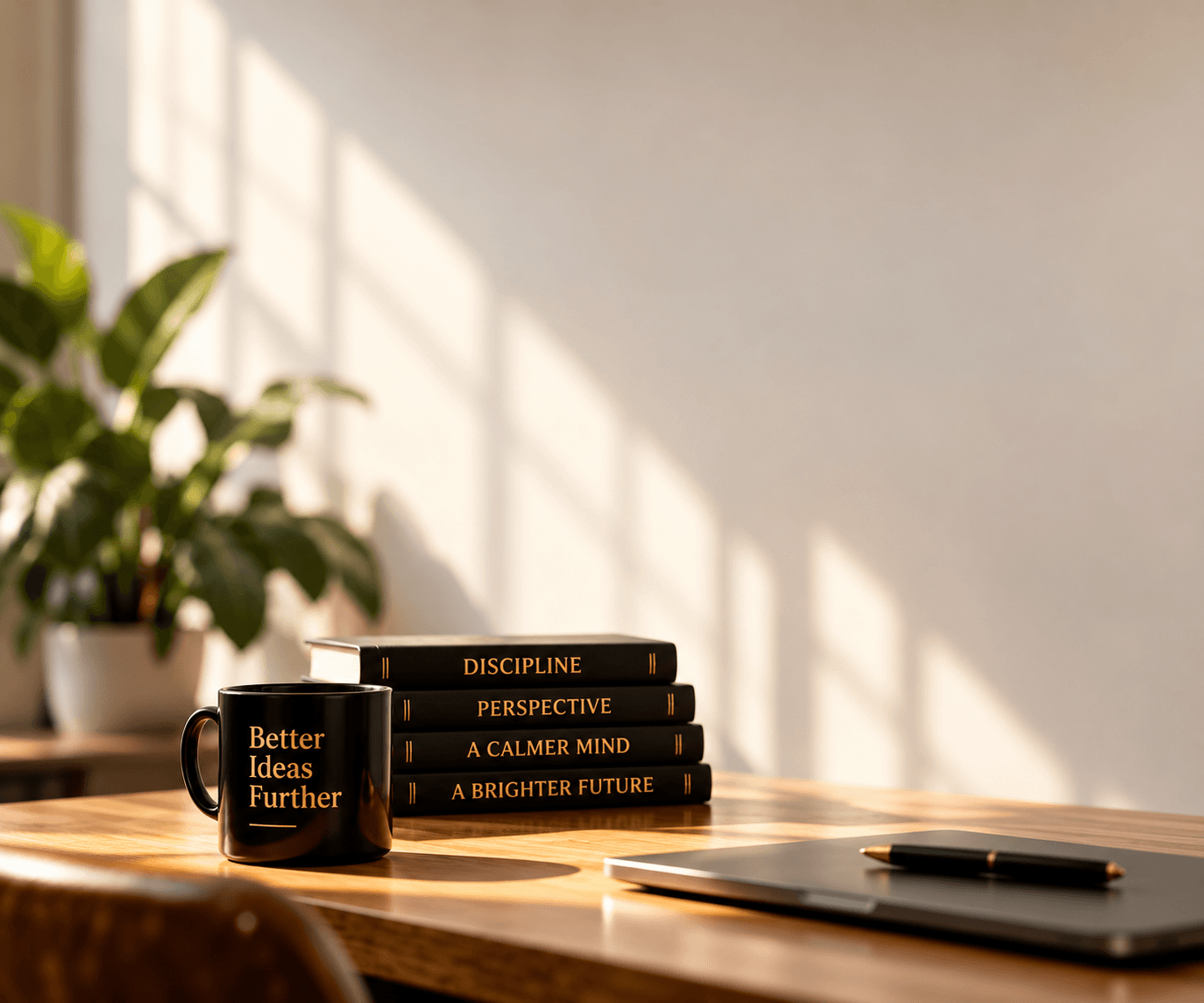Sunlit wooden desk with a black and gold mug, a stack of books, a plant, and a laptop.