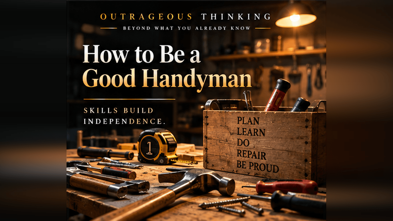 Outrageous Thinking cover for How to Find a Good Handyman: a hammer, wrench, level, and house outline arranged as a gold emblem of trustworthy craft