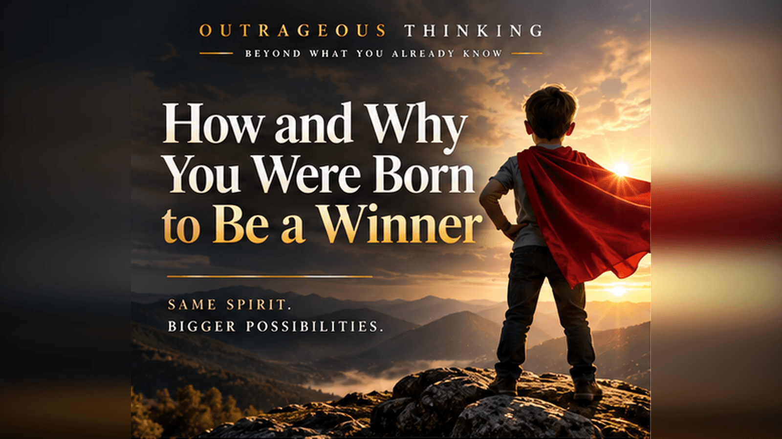 Outrageous Thinking cover for How and Why You Were Born to Be a Winner: a triumphant runner breaking a finish-line ribbon crowned with laurel in gold line-work