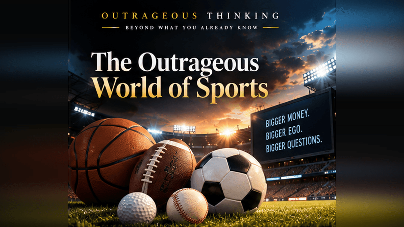 Outrageous Thinking cover for The Outrageous World of Sports: a constellation of a soccer ball, football, baseball and bat, basketball, and golf ball in gold line-work under stadium lights