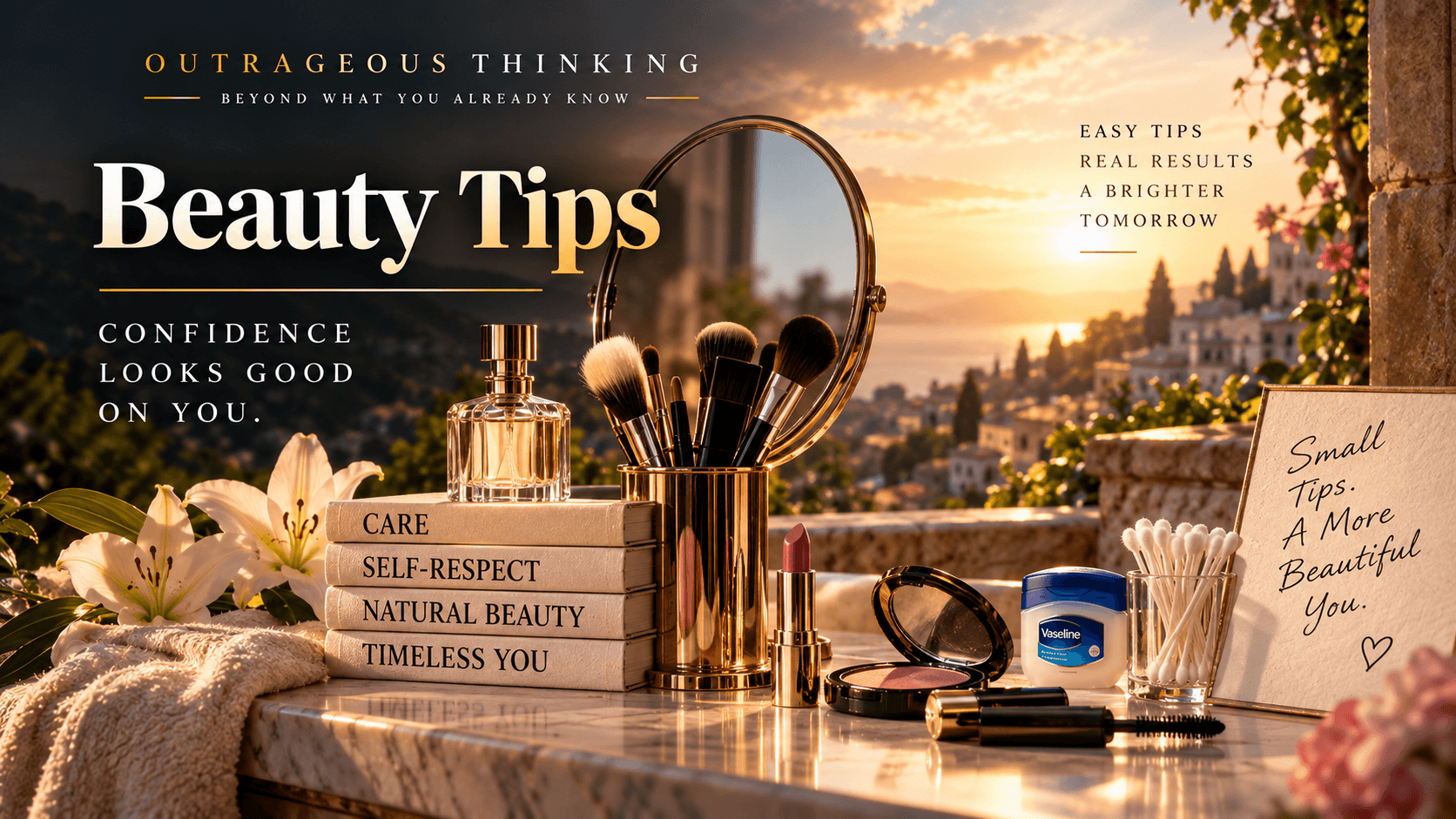 Outrageous Thinking cover for Beauty Tips by Jeannie: an elegant vanity mirror, lipstick, and brush in gold line-work