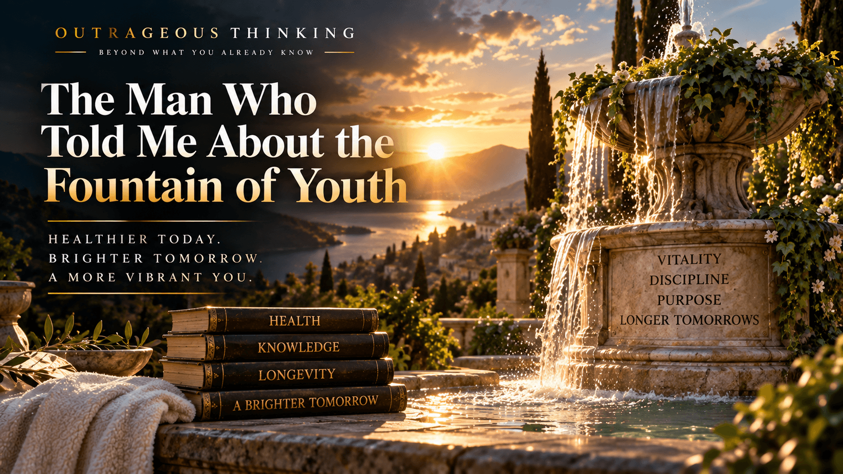 Outrageous Thinking cover for The Man Who Told Me About the Fountain of Youth: a vigorous elderly man rendered in gold line-work beside water droplets and a spring